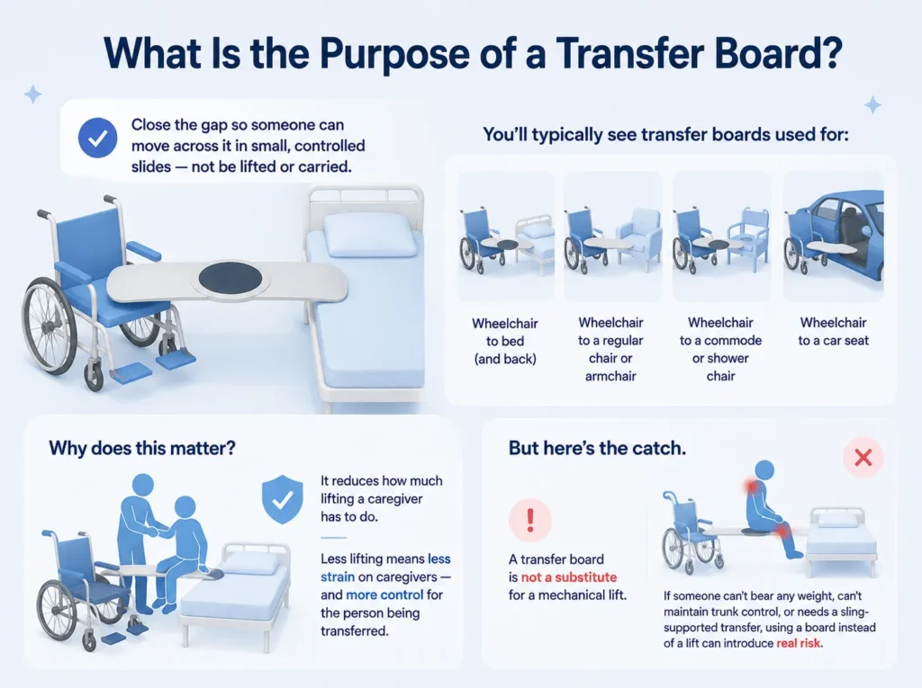 What is the purpose of a transfer board and why it matters for safe wheelchair transfers