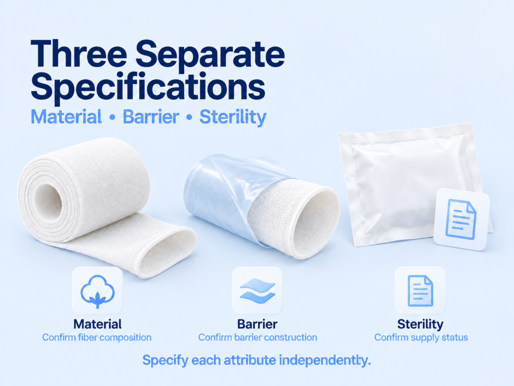 Medical stockinette roll, barrier-layer sleeve and packaging illustrating material, barrier construction and sterility specifications.