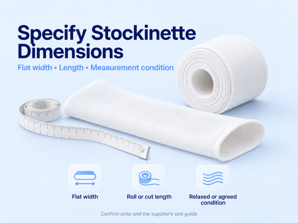 Flattened tubular stockinette beside a measuring tape and roll, illustrating width, length and measurement conditions.