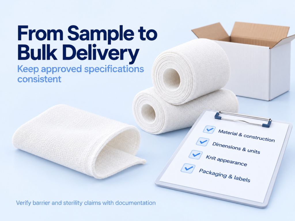 Medical stockinette sample and rolls beside a checklist for materials, dimensions, knit appearance and packaging.