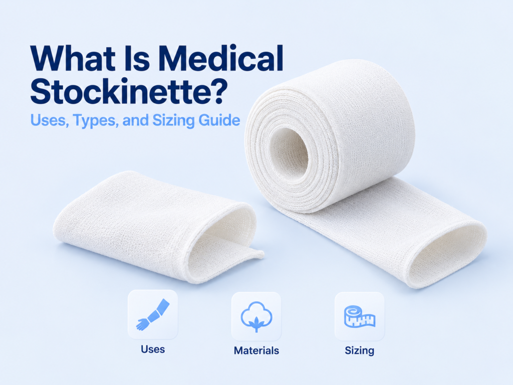 White medical stockinette roll and tubular sleeves with icons representing uses, materials and sizing.