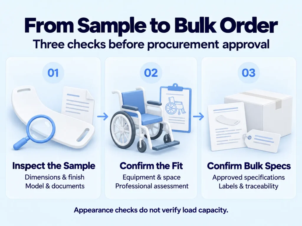 Three procurement checks for transfer boards: inspect the sample, confirm the fit, and confirm bulk specifications.