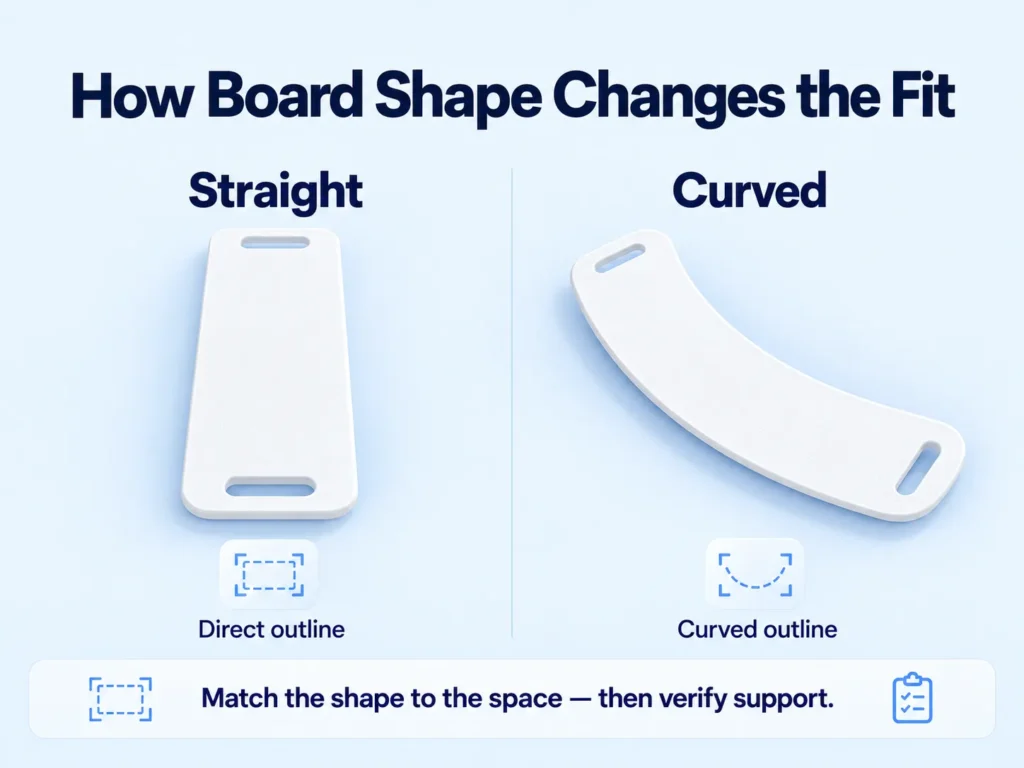 Straight and curved transfer board outlines compared to illustrate differences in shape and space fit.