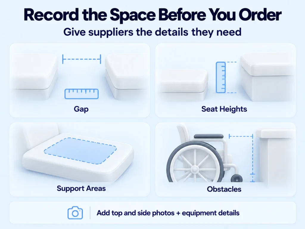 Transfer board planning checklist showing the gap, seat heights, support areas, and wheelchair obstacles.